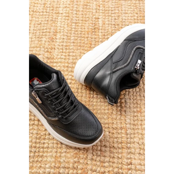 F-207 Siyah Bağcıklı Fermuarlı Taş Aksesuarlı Mevsimlik Spor Ayakkabı