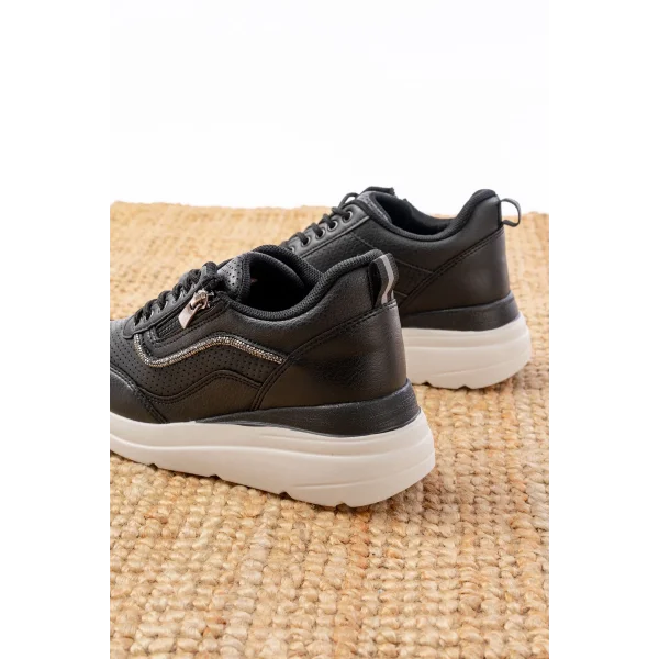 F-207 Siyah Bağcıklı Fermuarlı Taş Aksesuarlı Mevsimlik Spor Ayakkabı