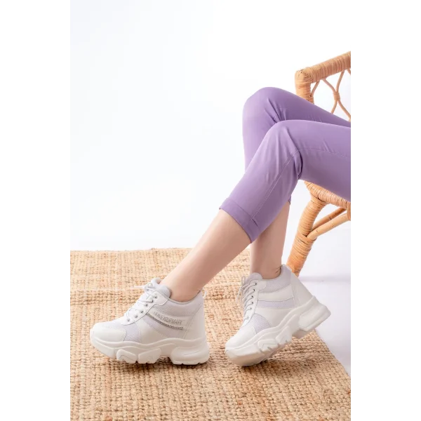 F-209 Beyaz Bağcıklı Fileli Taş Aksesuarlı Günlük Spor Ayakkabı