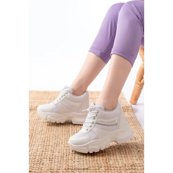 F-209 Beyaz Bağcıklı Fileli Taş Aksesuarlı Günlük Spor Ayakkabı