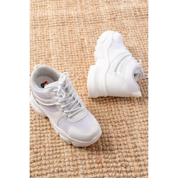 F-209 Beyaz Bağcıklı Fileli Taş Aksesuarlı Günlük Spor Ayakkabı