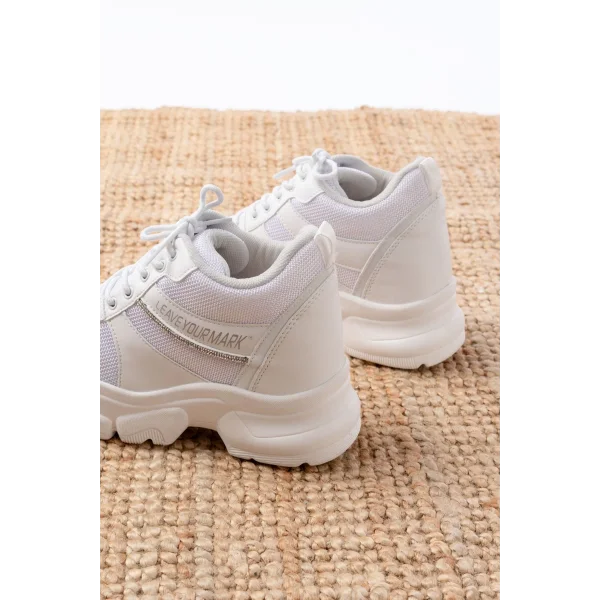 F-209 Beyaz Bağcıklı Fileli Taş Aksesuarlı Günlük Spor Ayakkabı