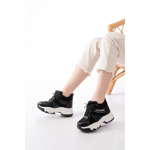 F-209 Siyah Bağcıklı Fileli Taş Aksesuarlı Günlük Spor Ayakkabı