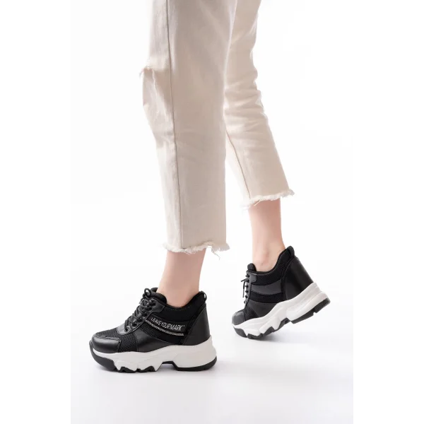 F-209 Siyah Bağcıklı Fileli Taş Aksesuarlı Günlük Spor Ayakkabı