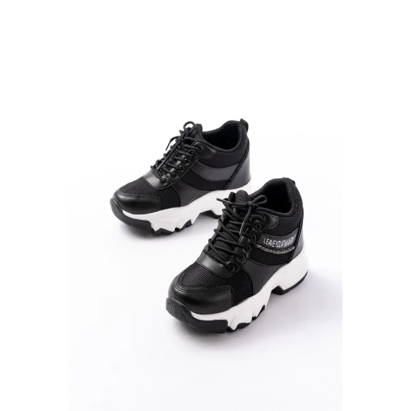 F-209 Siyah Bağcıklı Fileli Taş Aksesuarlı Günlük Spor Ayakkabı