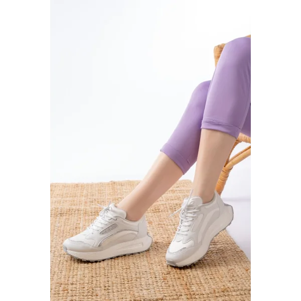 F-307 Beyaz Bağcıklı Saten Taş Aksesuarlı Günlük Spor Ayakkabı