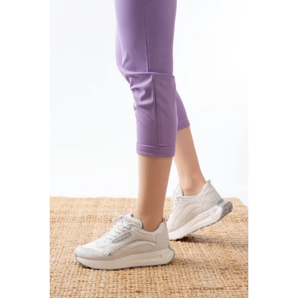 F-307 Beyaz Bağcıklı Saten Taş Aksesuarlı Günlük Spor Ayakkabı