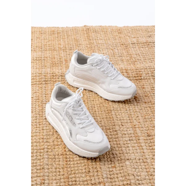 F-307 Beyaz Bağcıklı Saten Taş Aksesuarlı Günlük Spor Ayakkabı