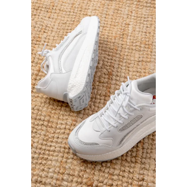 F-307 Beyaz Bağcıklı Saten Taş Aksesuarlı Günlük Spor Ayakkabı