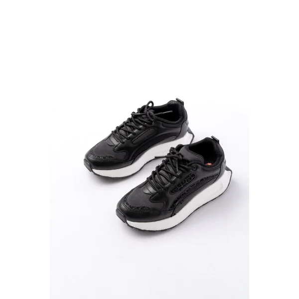 F-307 Siyah Bağcıklı Saten Taş Aksesuarlı Günlük Spor Ayakkabı