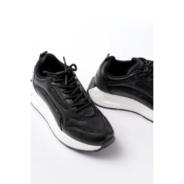 F-307 Siyah Bağcıklı Saten Taş Aksesuarlı Günlük Spor Ayakkabı