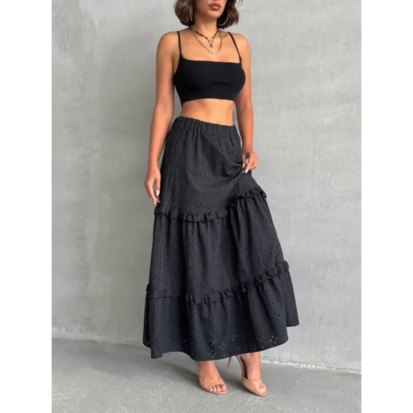 Fırfırlı brodeli astarlı uzun etek siyah s255047