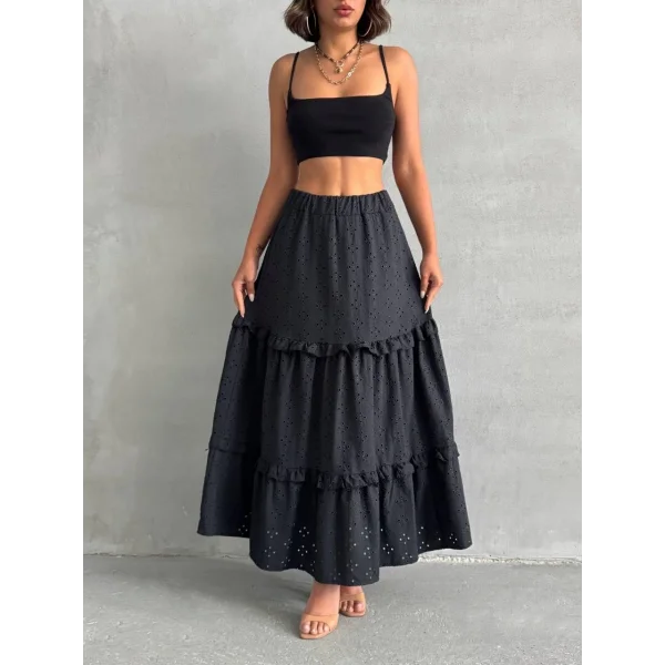 Fırfırlı brodeli astarlı uzun etek siyah s255047