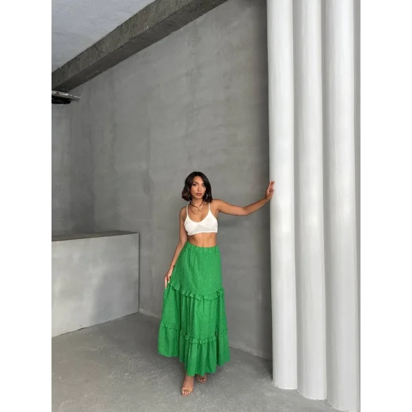 Fırfırlı brodeli astarlı uzun etek yeşil s255047
