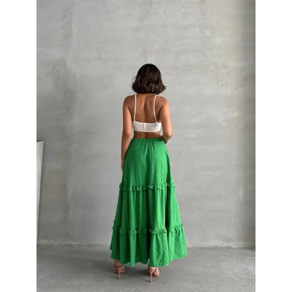 Fırfırlı brodeli astarlı uzun etek yeşil s255047