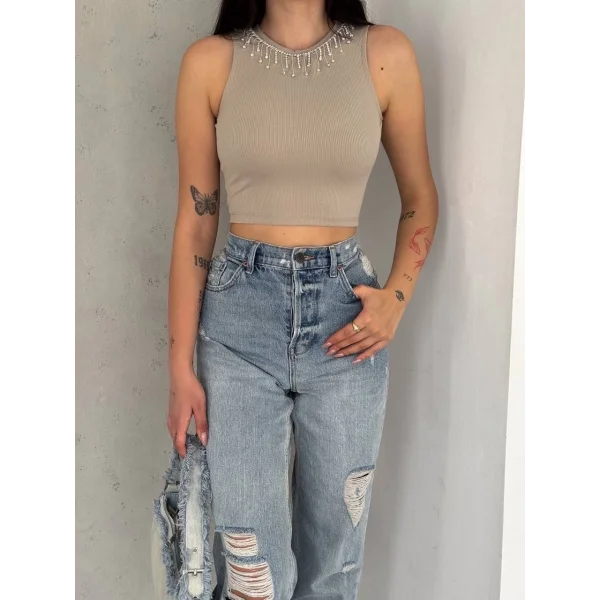 fitilli kaşkorse yakası zincirli atlet vizon