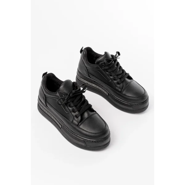 FLN-1999 Siyah Bağcıklı Taban Taş Aksesuarlı Günlük Spor Ayakkabı