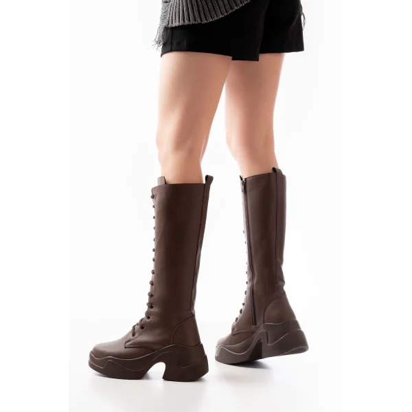 FZ-2450 Kahverengi Yüksek Tabanlı Bağcıklı Fermuarlı Günlük Kadın Çizme