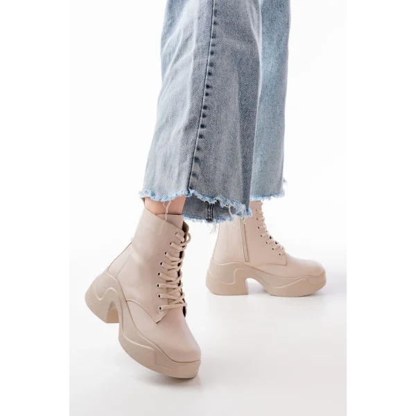 FZ-2550 Bej Yüksek Tabanlı Bağcıklı Fermuarlı Günlük Kadın Bot