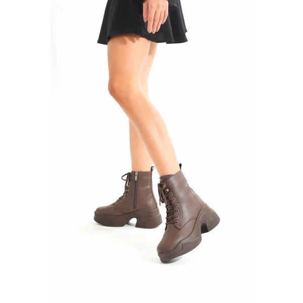FZ-2550 Kahverengi Yüksek Tabanlı Bağcıklı Fermuarlı Günlük Kadın Bot