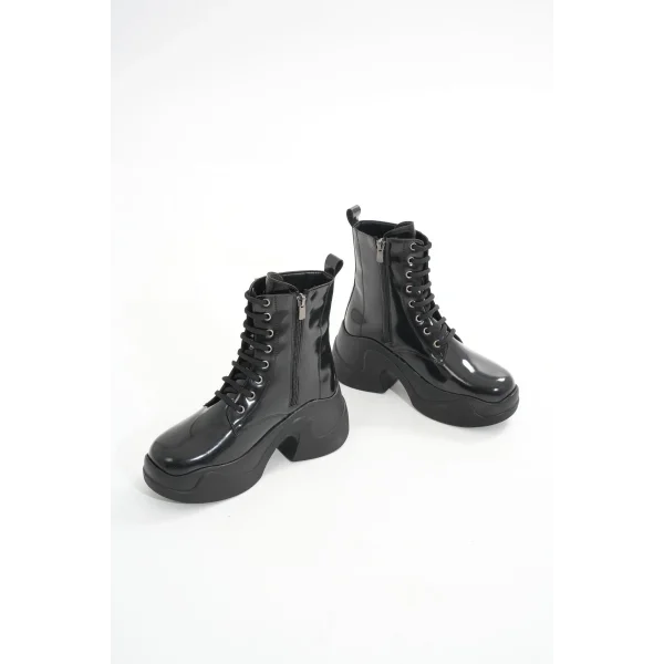 FZ-2550 Siyah Rugan Yüksek Tabanlı Bağcıklı Fermuarlı Günlük Kadın Bot