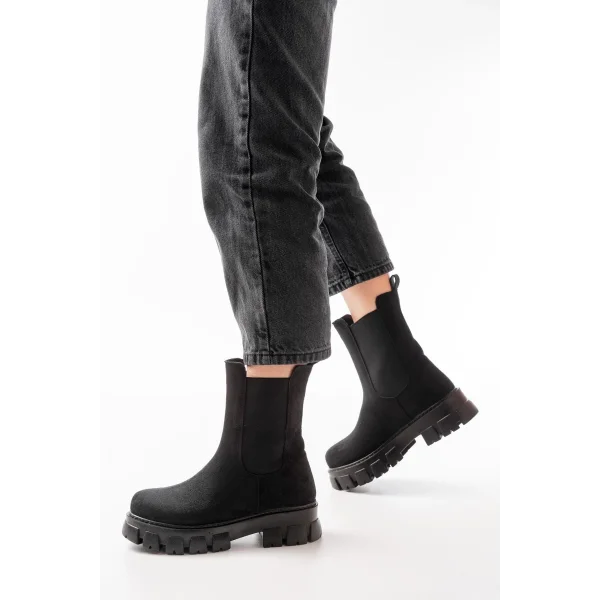 FZ-299 Siyah Süet Yüksek Tabanlı Lastikli Günlük Kadın Bot