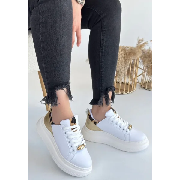 Gasta Beyaz Cilt Sarı Detaylı Bağcıklı Spor Ayakkabı