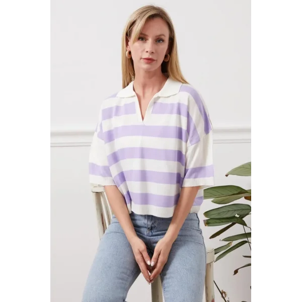 Gömlek yaka çizgili triko tişört