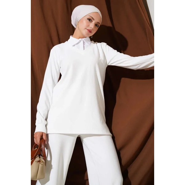 Gömlek Yaka Fitilli Salaş İkili Takım beyaz T4300