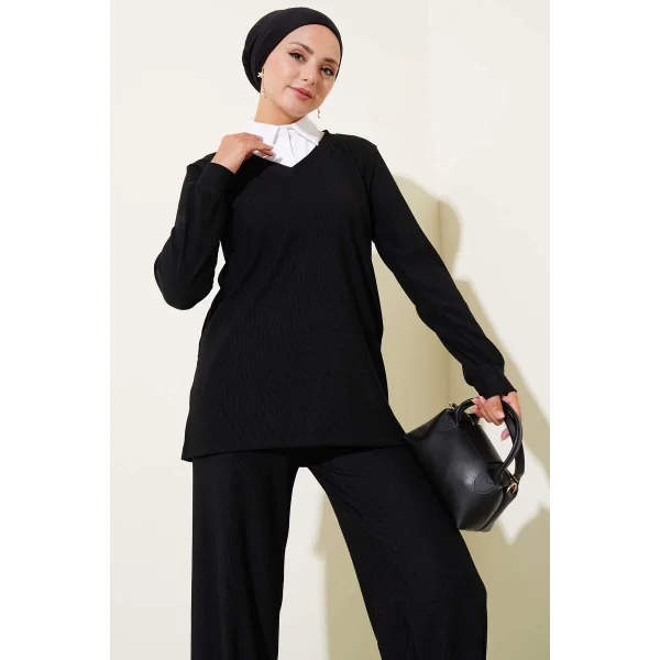 Gömlek Yaka Fitilli Salaş İkili Takım siyah T4300