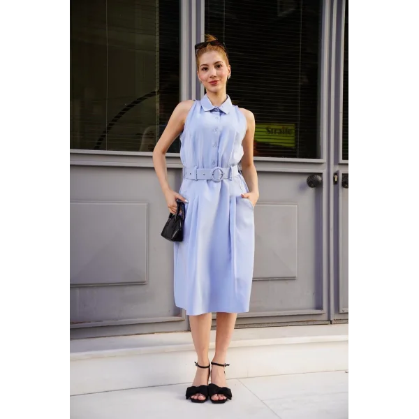 Gömlek yaka kemerli elbise mavi s255061