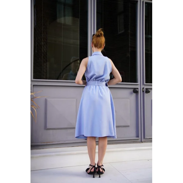 Gömlek yaka kemerli elbise mavi s255061