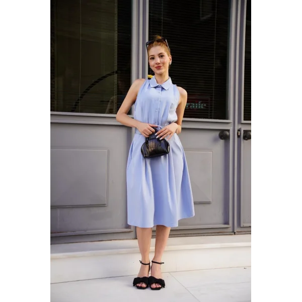 Gömlek yaka kemerli elbise mavi s255061