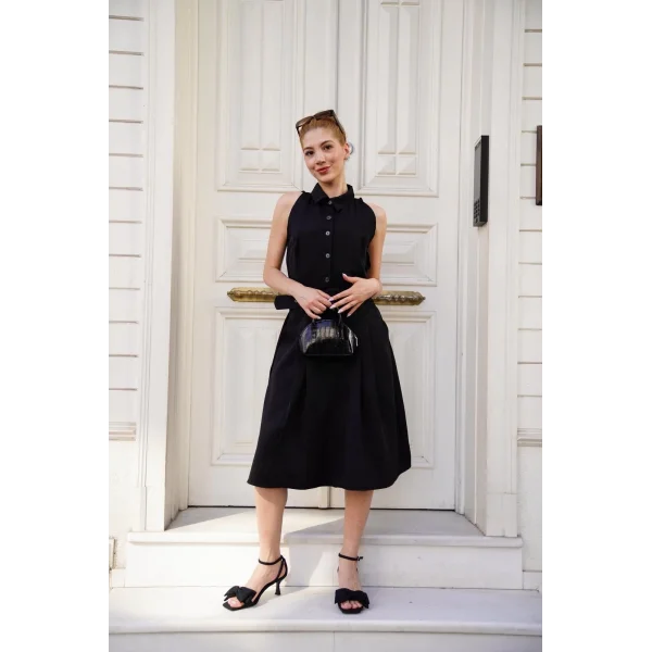 Gömlek yaka kemerli elbise siyah s255061