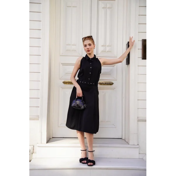 Gömlek yaka kemerli elbise siyah s255061