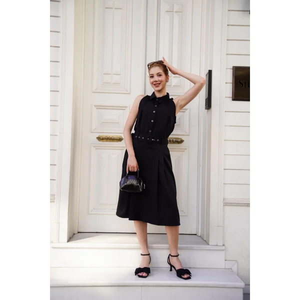 Gömlek yaka kemerli elbise siyah s255061