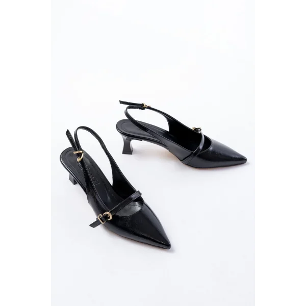 H-470 Siyah Rugan Baret Tokalı Arkası Açık Günlük Kadın Sandalet