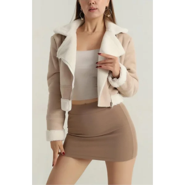 İçi kürklü dışı süet kısa kaban bej t1186