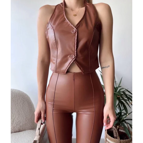 İki düğmeli deri yelek kahve s243001