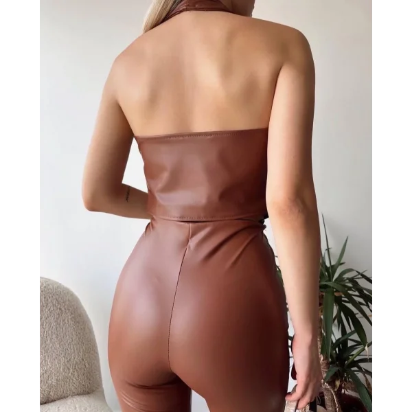 İki düğmeli deri yelek kahve s243001