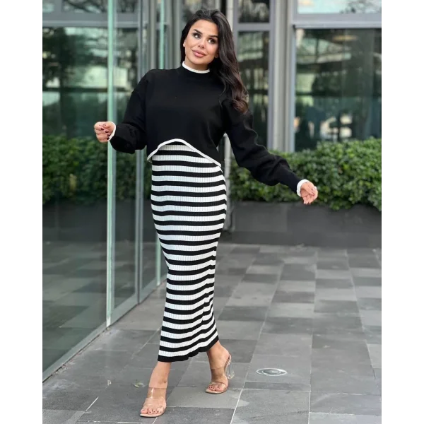 İkili triko elbise takım siyah beyaz