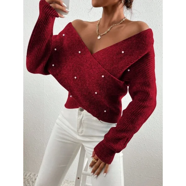 İncili çapraz kazak bordo