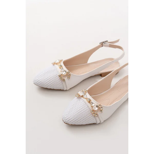 İNF-120 Beyaz Günlük Fileli Taş Aksesuarlı Kadın Babet