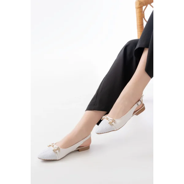 İNF-120 Beyaz Günlük Fileli Taş Aksesuarlı Kadın Babet