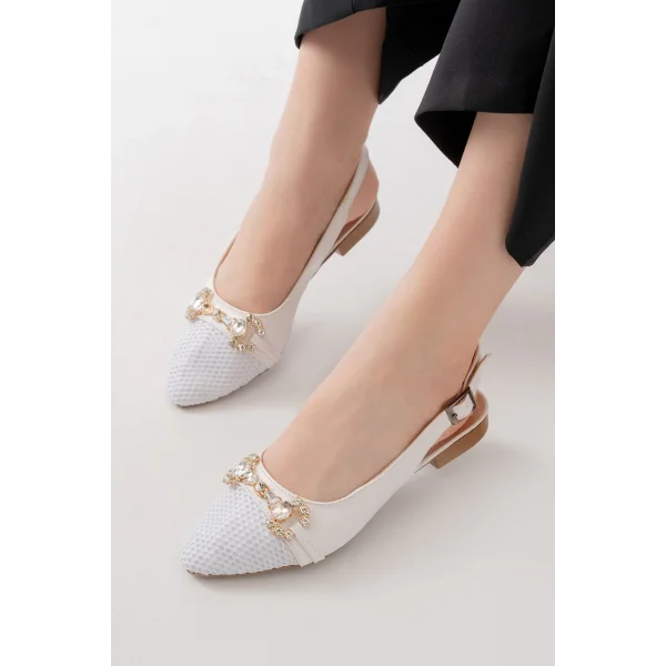 İNF-120 Beyaz Günlük Fileli Taş Aksesuarlı Kadın Babet