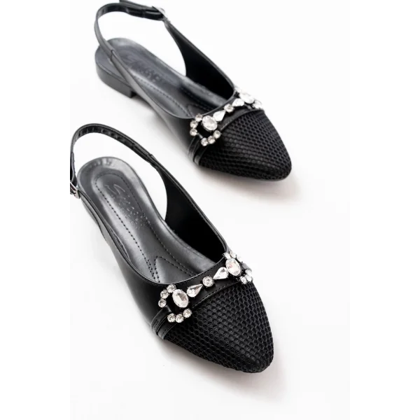 İNF-120 Siyah Günlük Fileli Taş Aksesuarlı Kadın Babet