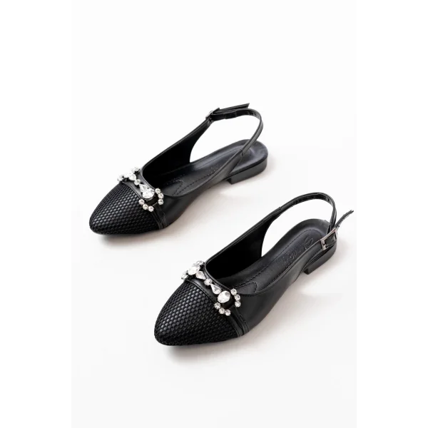 İNF-120 Siyah Günlük Fileli Taş Aksesuarlı Kadın Babet