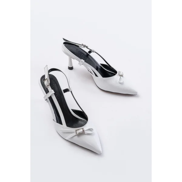 İNF-2300 Beyaz Rugan Günlük Arkası Açık Fiyonklu Topuklu Bayan Ayakkabı