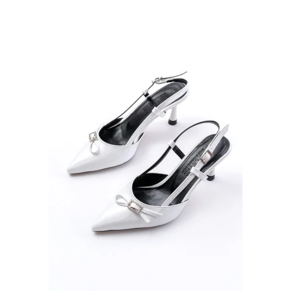 İNF-2300 Beyaz Rugan Günlük Arkası Açık Fiyonklu Topuklu Bayan Ayakkabı