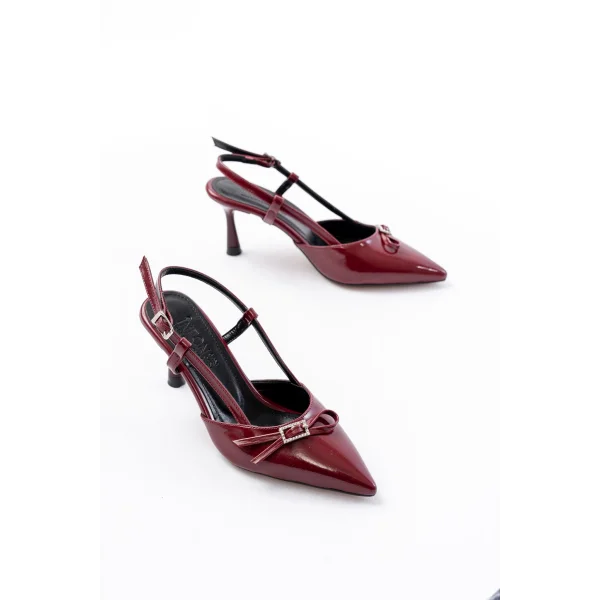 İNF-2300 Bordo Rugan Günlük Arkası Açık Fiyonklu Topuklu Bayan Ayakkabı